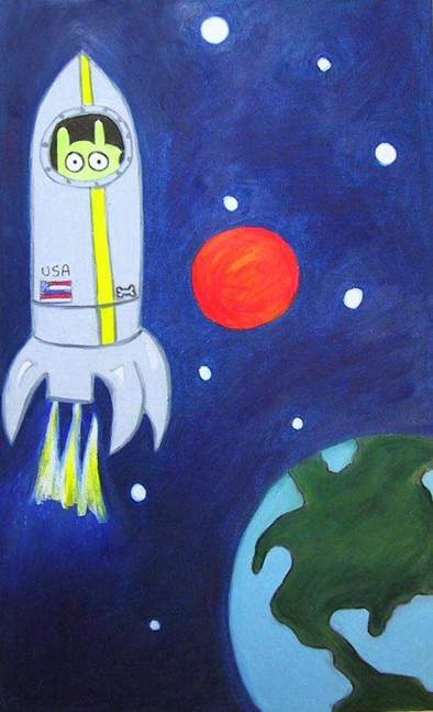 394x647 Original Oil Pastel Dog Art Painting - Spaceship Painting