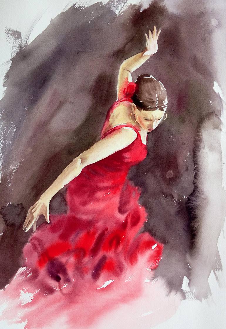 770x1120 Saatchi Art Flamenco Dancer In Red Dress - Spanish Flamenco Dancer Painting