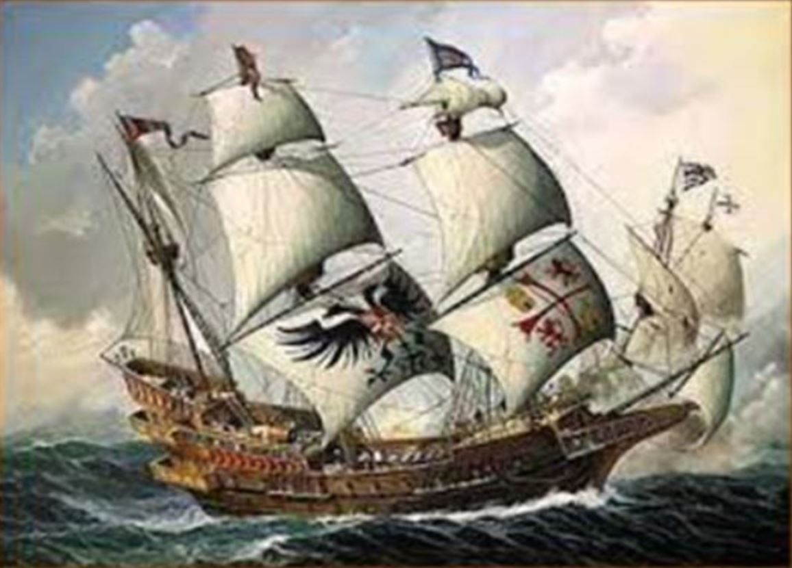 1156x830 Painting Of A Spanish War Galleon With Emperors Flag - Spanish Galleon Painting