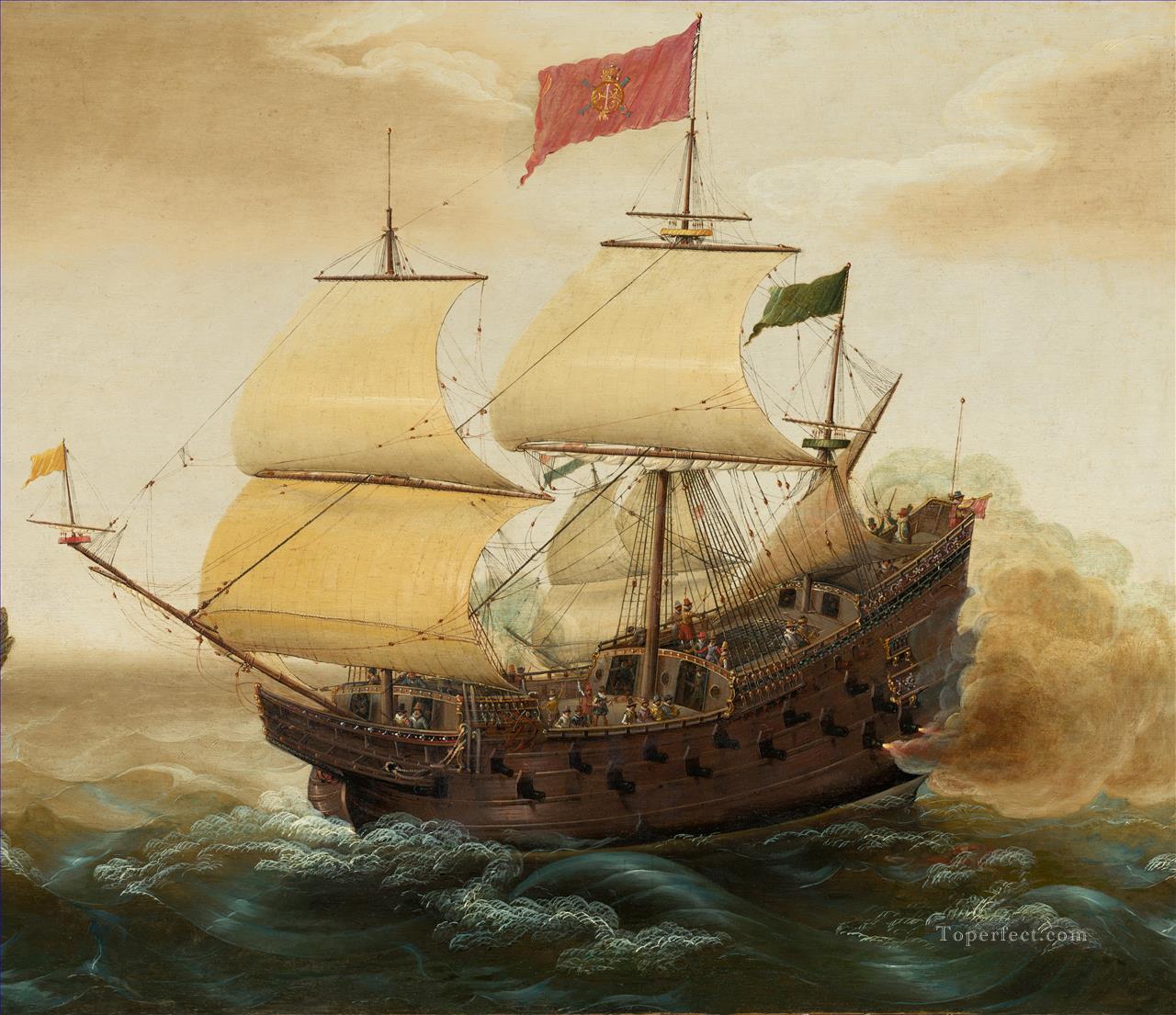 1280x1105 Spanish Galleon Firing Its Cannon Naval Battle Painting In Oil - Spanish Galleon Painting