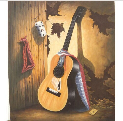500x493 Spanish Guitar With Colorful Strap 20 X 24 Oil Painting On Canvas - Spanish Guitar Painting
