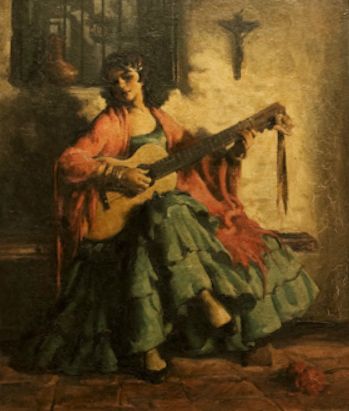 349x411 Spanish Lady Playing The Guitar, 1920'S. - Spanish Guitar Painting
