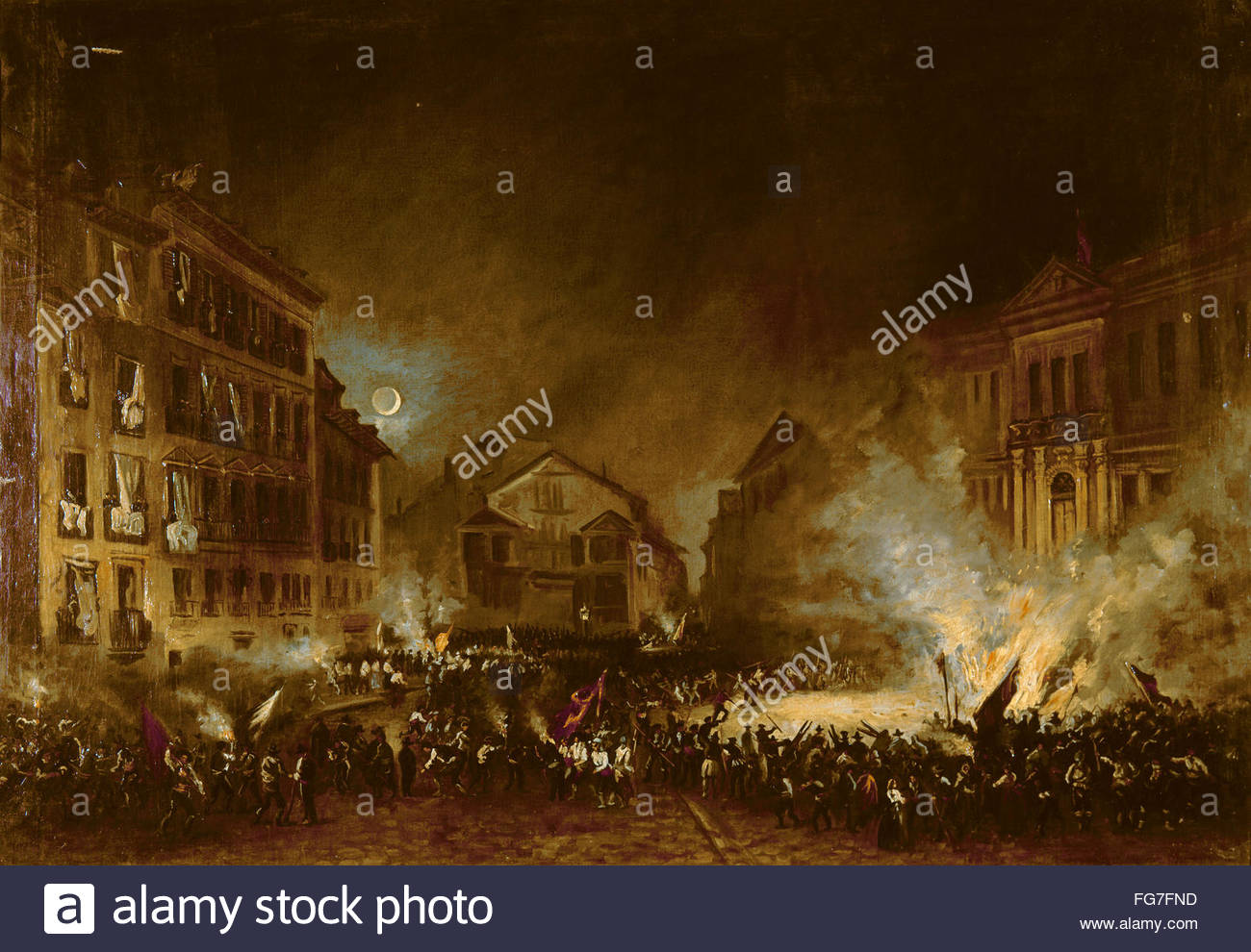 1300x990 Spain Revolution Of 1854. Nrebels Burning Flags - Spanish Revolution Painting