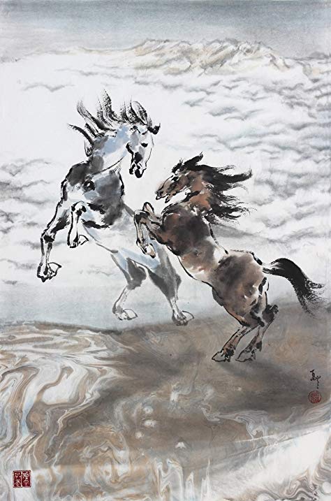474x717 Spirited, Asian Sumi E Horse Painting, Print - Spirited Horses Painting