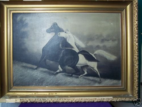 500x375 Spirited Horses By Leroy Painting Antique Wood Frame - Spirited Horses Painting