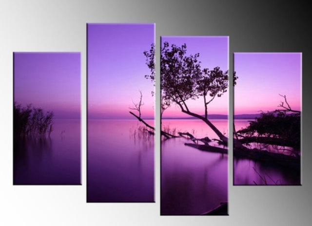 640x464 Handicraft Purple Lake 4 Panel Canvas Pictures Oil Painting Wall - Split Canvas Painting