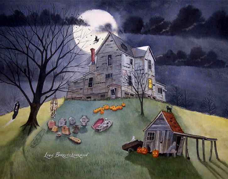 726x569 Pumpkins In Yard Lawn Decorations Artwork Happy Halloween - Spooky House Painting
