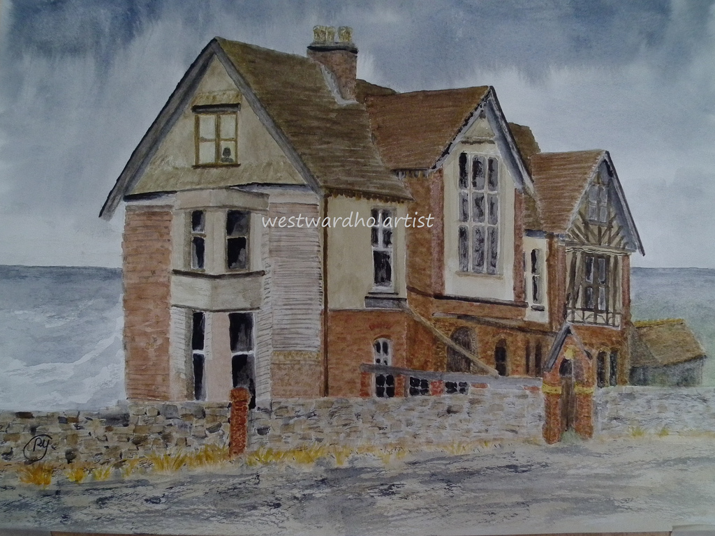 1024x768 Seafield House At Westward Ho! Cliff, Sea, Ruined House, - Spooky House Painting