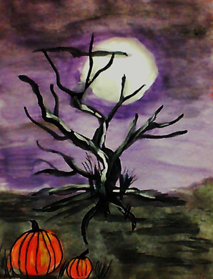 687x900 Spooky Tree Painting By Anna Lewis - Spooky Painting