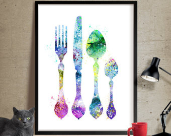 340x270 Silverware Set Vinyl Wall Art Decal Size Large Kitchen Decor - Spoon And Fork Painting