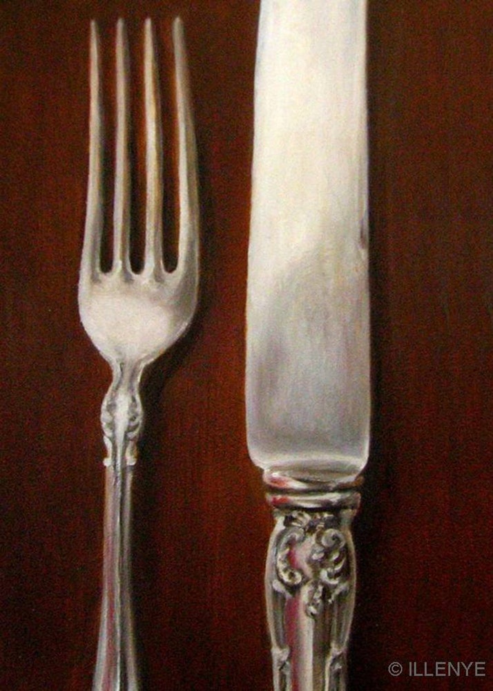 714x1000 Antique Sterling Silver Fork And Knife From My Silver Series Oil - Spoon And Fork Painting
