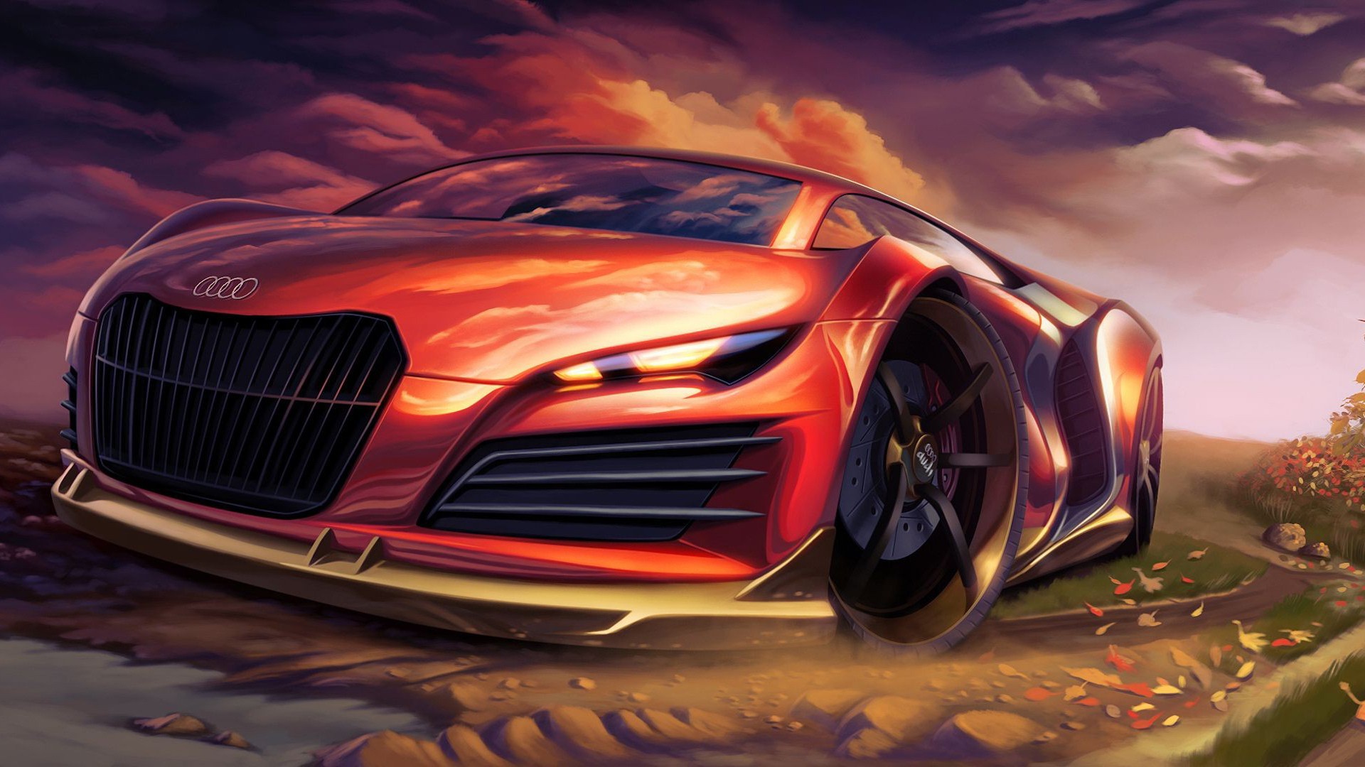 1920x1080 Wallpaper Painting, Leaves, Digital Art, Nature, Concept Cars - Sports Car Painting