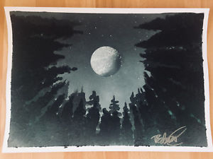 300x225 Moon Trees Forest Painting Poster, Spray Paint Art, Stars Nature - Spray Paint Painting