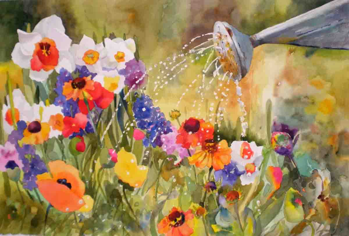 1200x811 Kaysmithbrushworks Spring Flowers With Watercan - Spring Flowers Painting