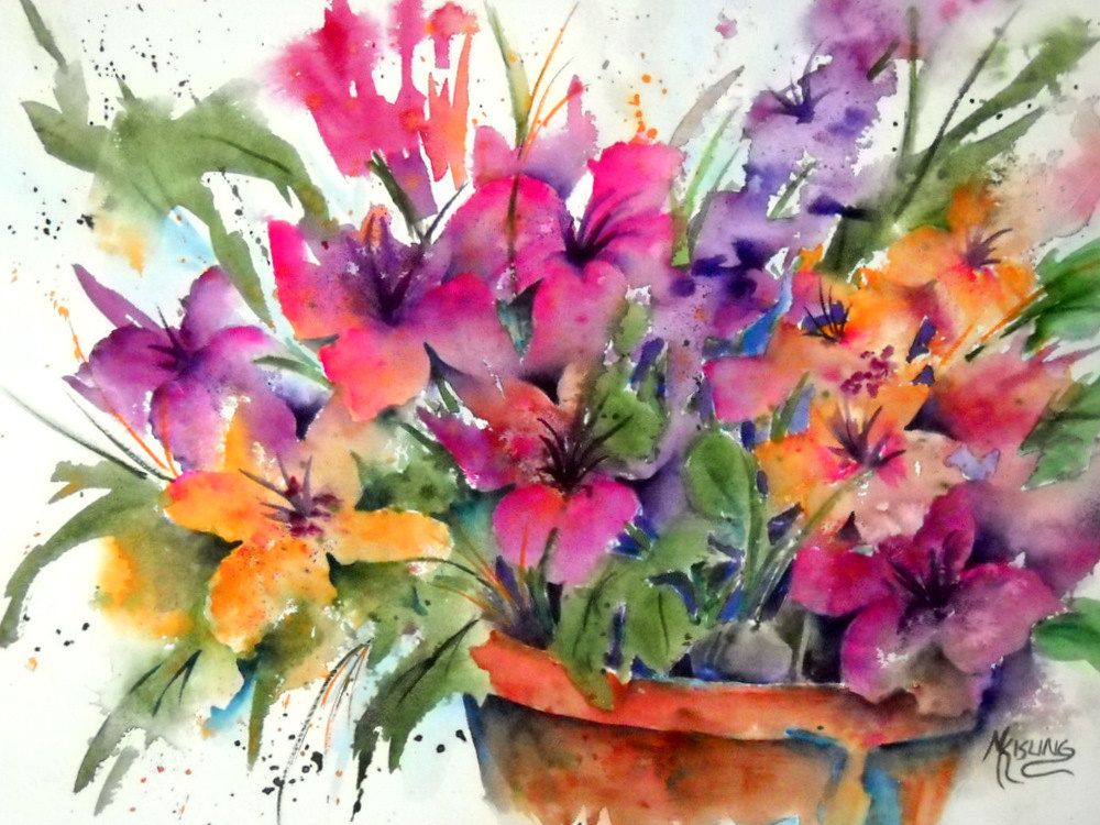 1000x750 Watercolor Of Spring Flowers In Pot Colorful - Spring Flowers Painting