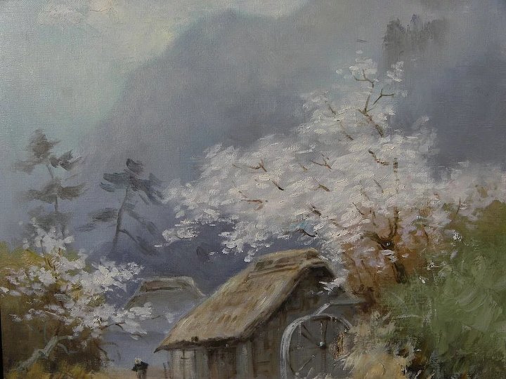 720x540 Japanese Art Impressionist Spring Landscape Painting Signed Kamiya - Spring Landscape Painting