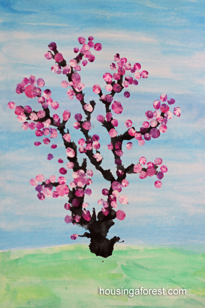 409x614 Spring Cherry Tree Housing A Forest - Spring Painting For Kids