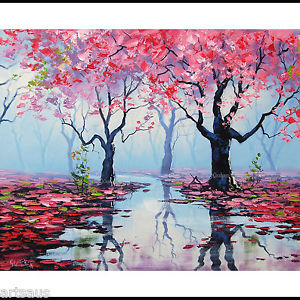 300x300 Palette Knife Large Oil Painting Pink Blossom Trees Spring River - Spring Tree Painting