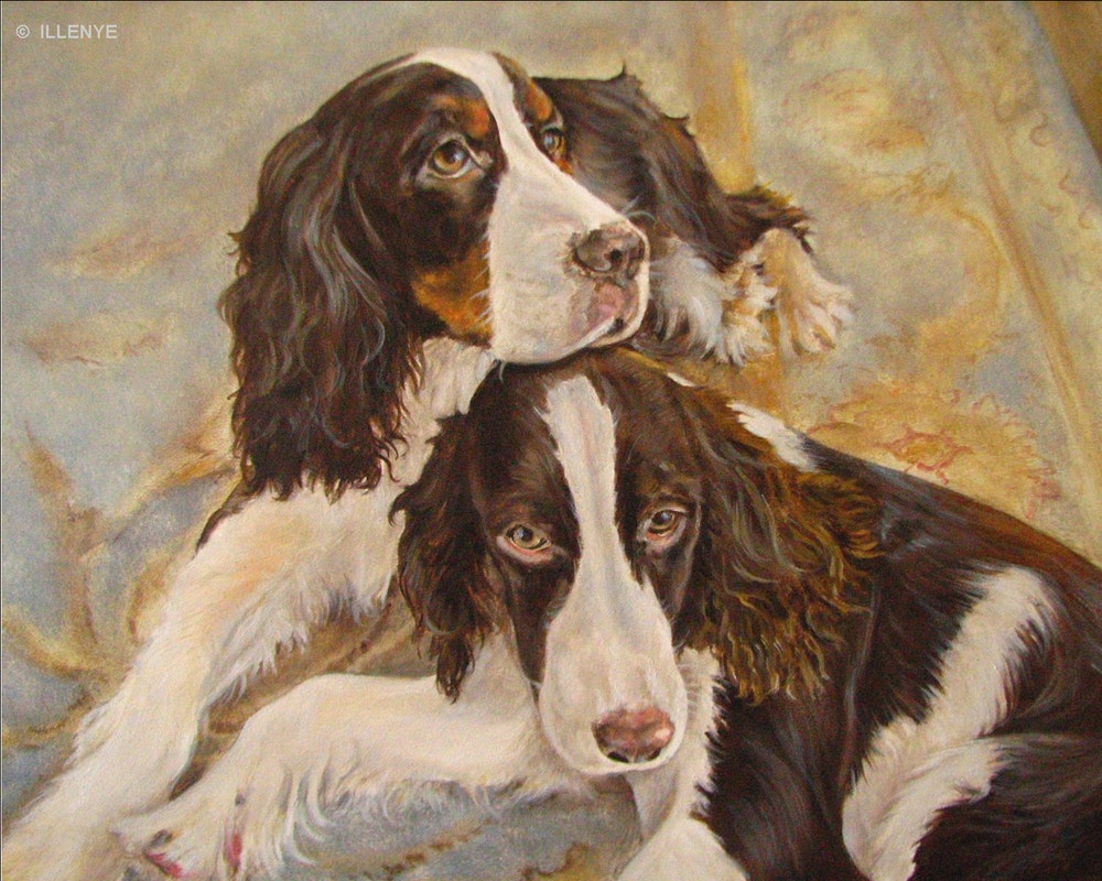 1000x800 Double Large Dog Portrait Two English Springer Spaniels Brown Oil - Springer Spaniel Painting