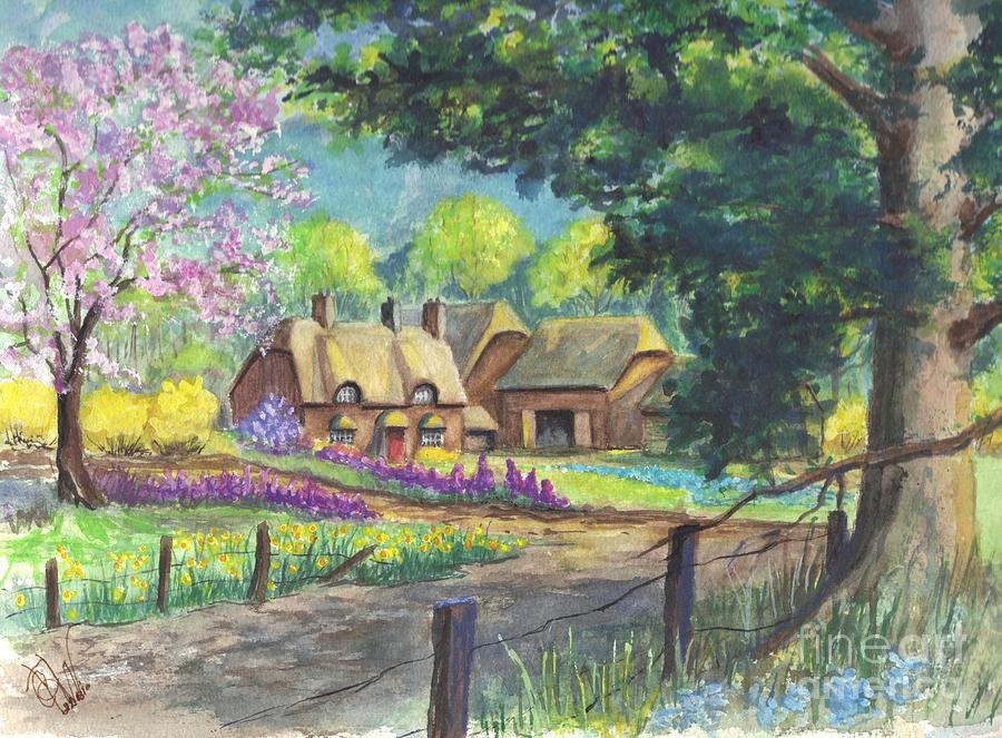 900x663 Springtime Cottage Painting By Carol Wisniewski - Springtime Painting