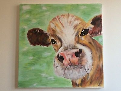 400x300 Cow Painting Animal Art Picture Farm Acrylic Square Large Original - Square Cow Painting