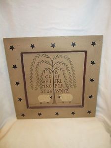 225x300 Country Primitive 13.5 Square Painted Wood Plate Sheep Willow - Square Sheep Painting