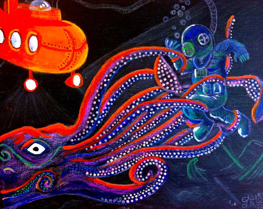 900x715 Man Vs Squid Painting By Drew Goehring - Squid Painting