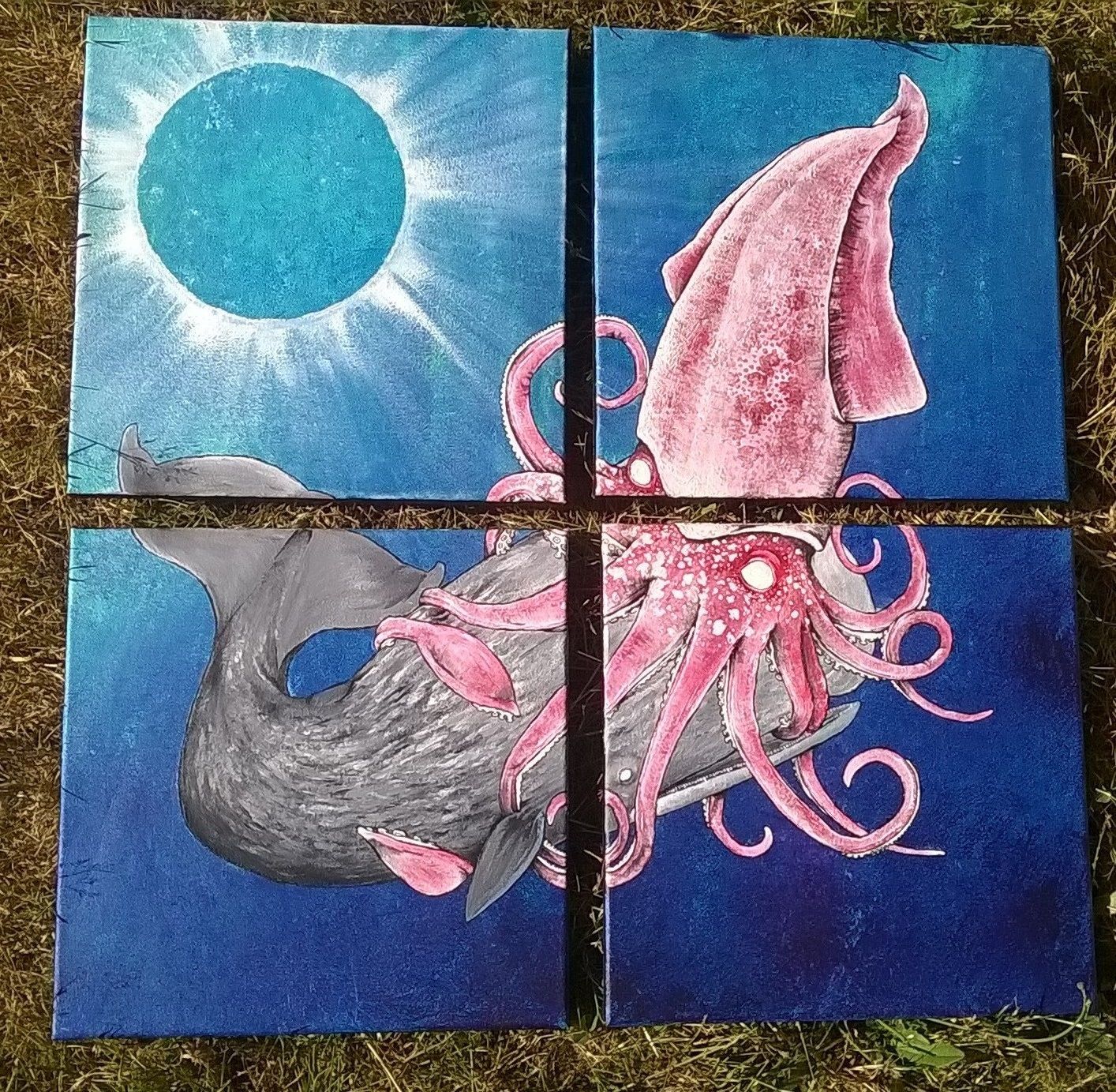 1414x1383 Sperm Whale Vs. Giant Squid Split Canvas Acrylic Painting, Step By - Squid Painting
