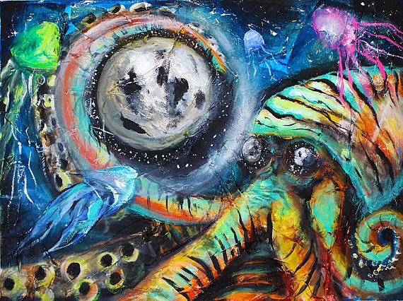570x426 Octopus Moon Stars Jellyfish Pop Painting Squid - Squid Painting