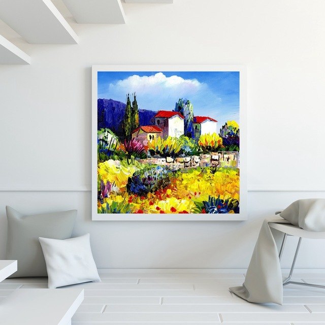 640x640 Oil Painting Print On Canvas Landscape Scene House Flower Garden - Squidward Painting Canvas