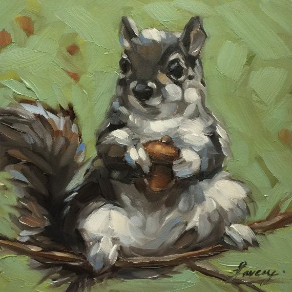 570x570 Squirrel Painting, 5x5 Impressionistic Original Oil Painting - Squirrel Painting