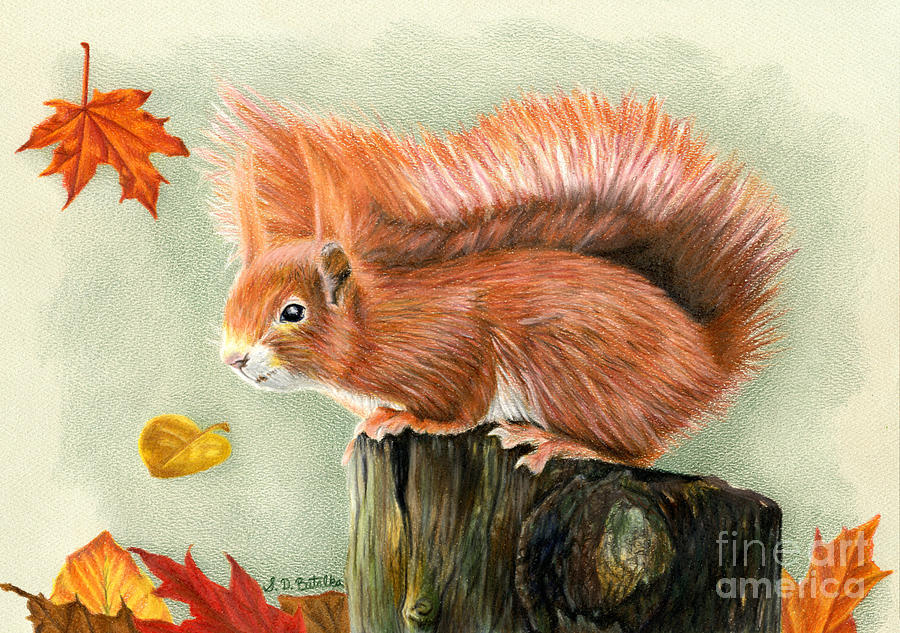 900x633 Red Squirrel In Autumn Painting By Sarah Batalka - Squirrel Painting