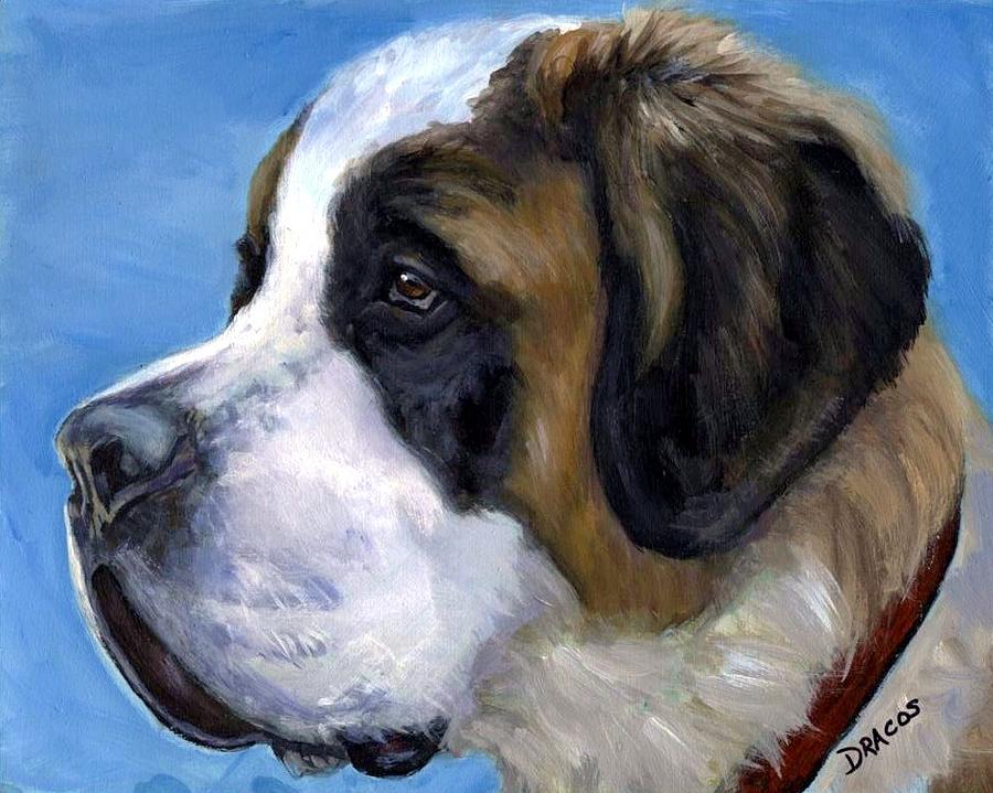 900x719 Saint Bernard Profile On Blue Painting By Dottie Dracos - St Bernard Painting