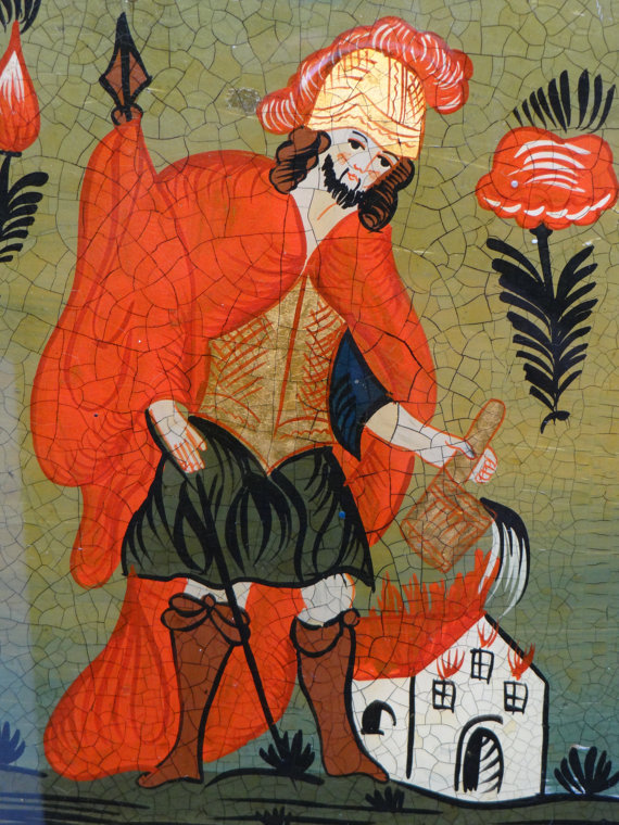 570x760 German Saint Florian Reverse Painting On Glass Antique - St Florian Painting