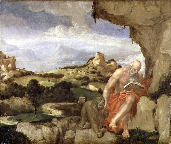 586x494 St Jerome In The Wilderness Painting Lambert Sustris Oil Paintings - St Jerome In The Wilderness Painting