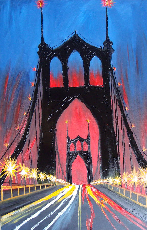 575x900 Lights Of The St. Johns Bridge Painting By Portland Art Creations - St Johns Bridge Painting