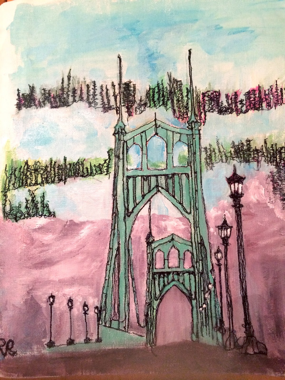 1200x1600 Portland In Stitches St Johns Bridge Painting - St Johns Bridge Painting