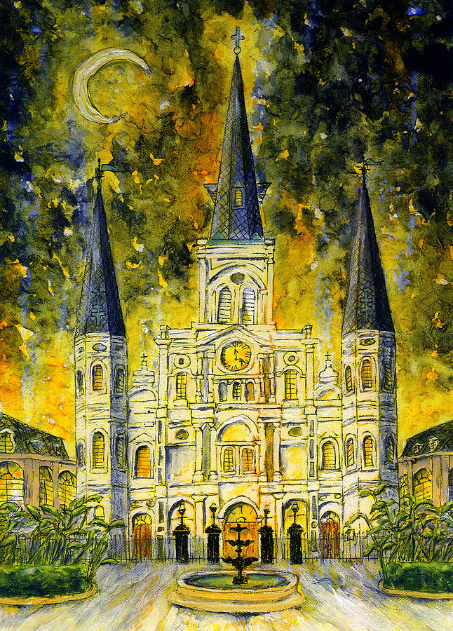 646x900 St. Louis Cathedral With Yellow Night Sky Painting By Catherine Wilson - St Louis Cathedral Painting