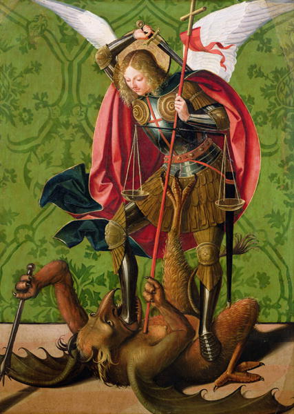 427x600 St Michael Killing The Dragon Painting Josse Lieferinxe Oil - St Michael Painting