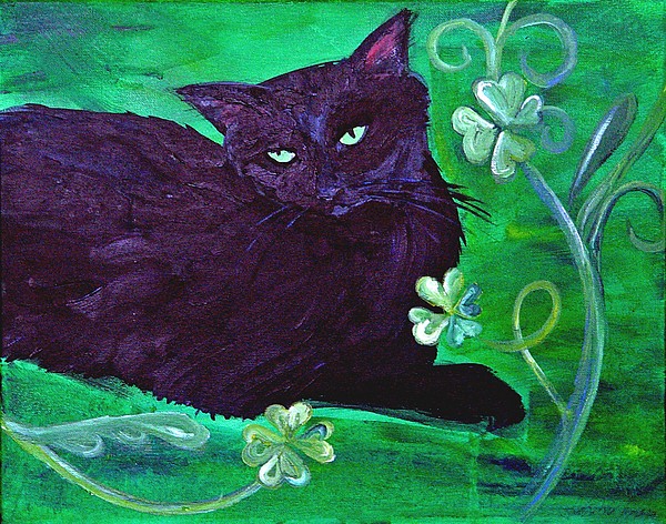 600x472 St. Patricks Day Cat Painting By Karen Mcnamara - St Patricks Day Painting