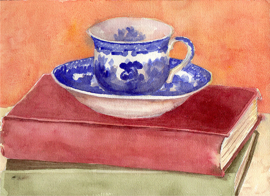 900x654 Tea Cup On Stack Of Books Painting By Blenda Studio - Stack Of Books Painting