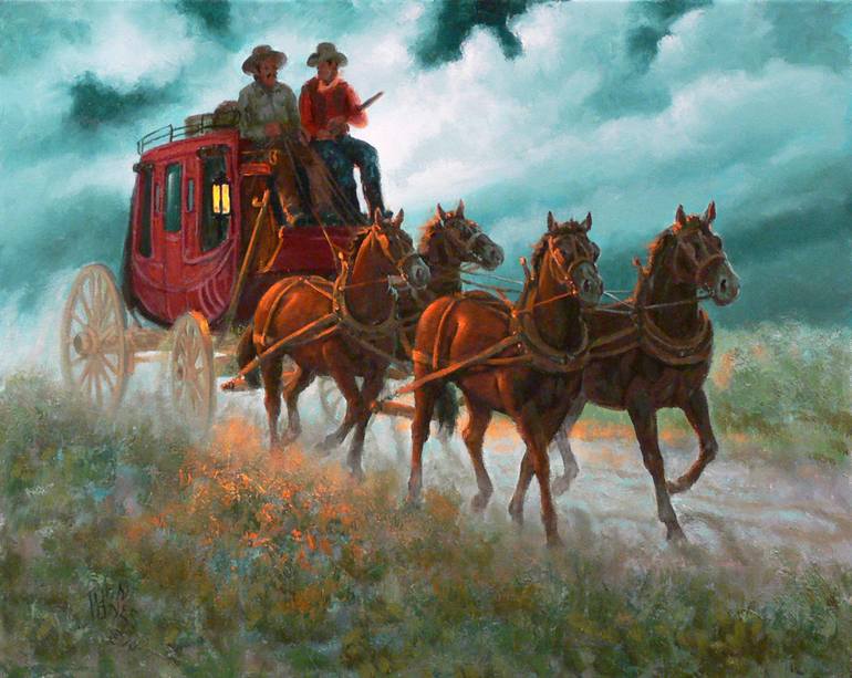 770x613 Saatchi Art Moonlight Stagecoach Painting By John T Jones - Stagecoach Painting
