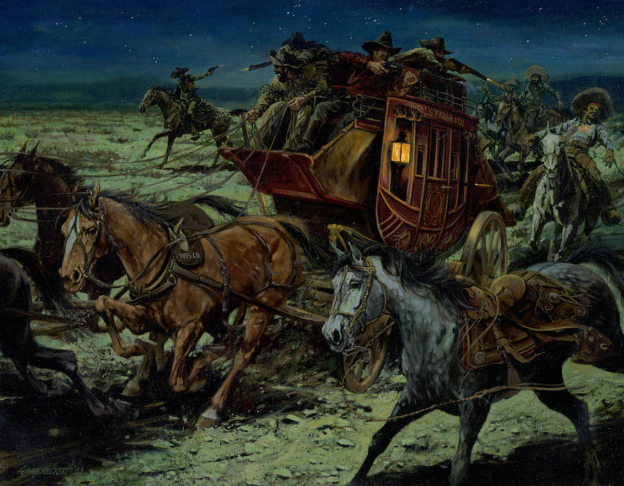 900x702 Stagecoach Attack Painting By Don Langeneckert - Stagecoach Painting