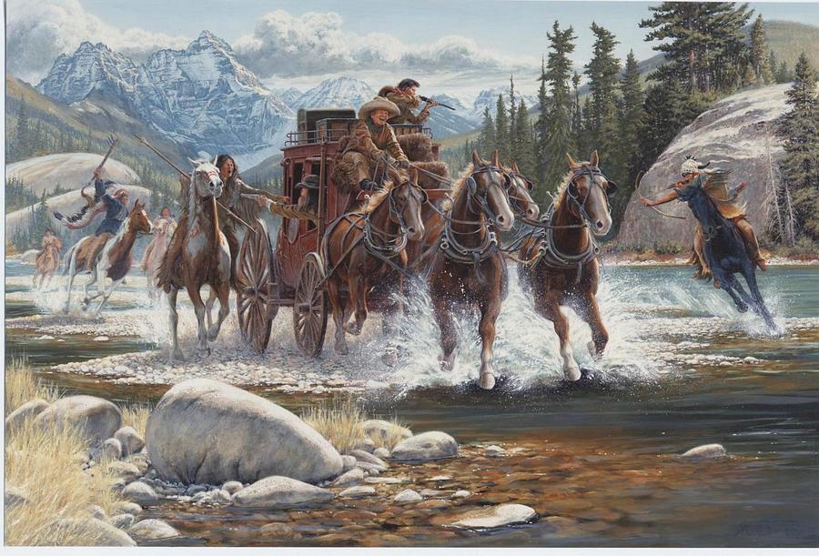900x611 Trouble For The Overland Stage Painting By Kirk Stirnweis - Stagecoach Painting