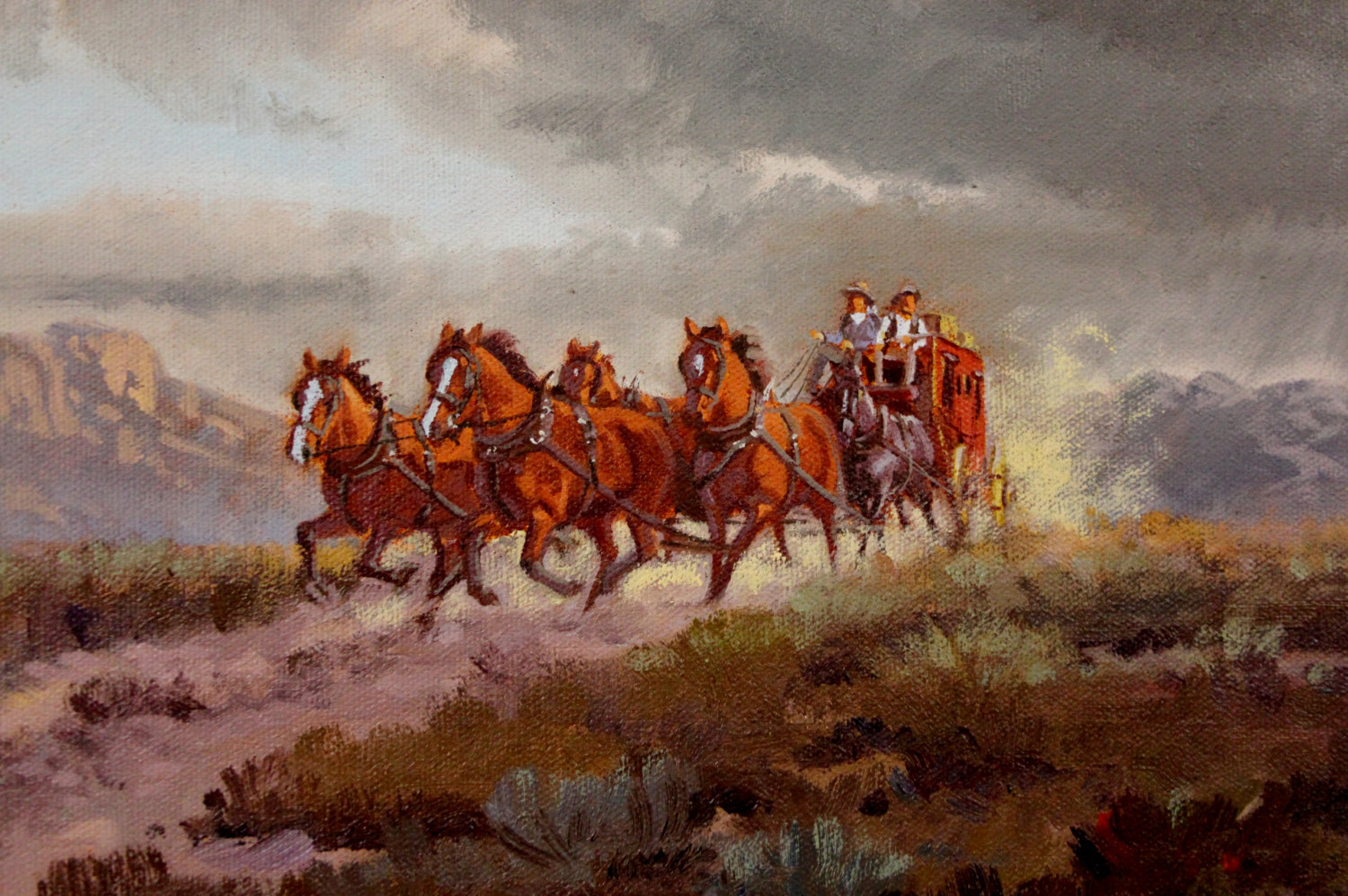 1500x997 Western Artist Ron Stewart Stage Coach Oil Painting - Stagecoach Painting