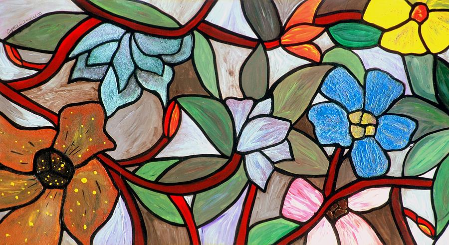 900x491 Stained Glass Wild Flowers Painting By Cynthia Amaral - Stained Glass Painting