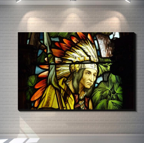 560x559 Vintage Abstract Stained Glass Indians Painting Picture Canvas - Stained Glass Painting On Canvas
