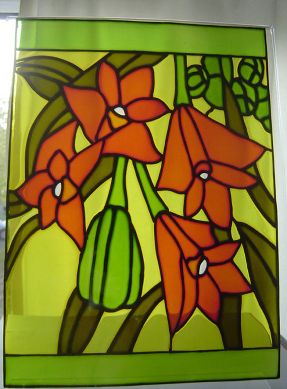 570x772 Dendrobium Orchid Stained Glass Effect Window Painting - Stained Glass Window Painting