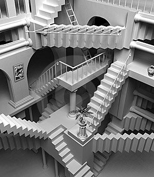 300x345 The Extraordinarily Remarkable Life And Art Of M. C. Escher - Stairs To Nowhere Painting