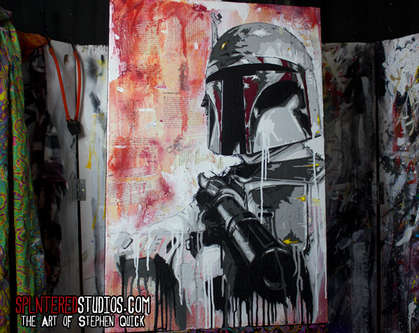 600x476 Boba Fett Acrylic And Spray Paint On Collage Canvas Painting - Star Wars Acrylic Painting